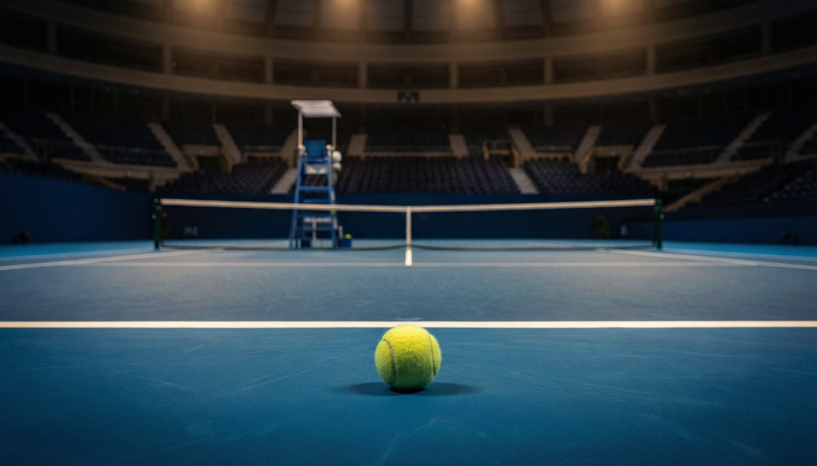 AI生成示意图:室内硬地球场与球网,背景为模糊的看台